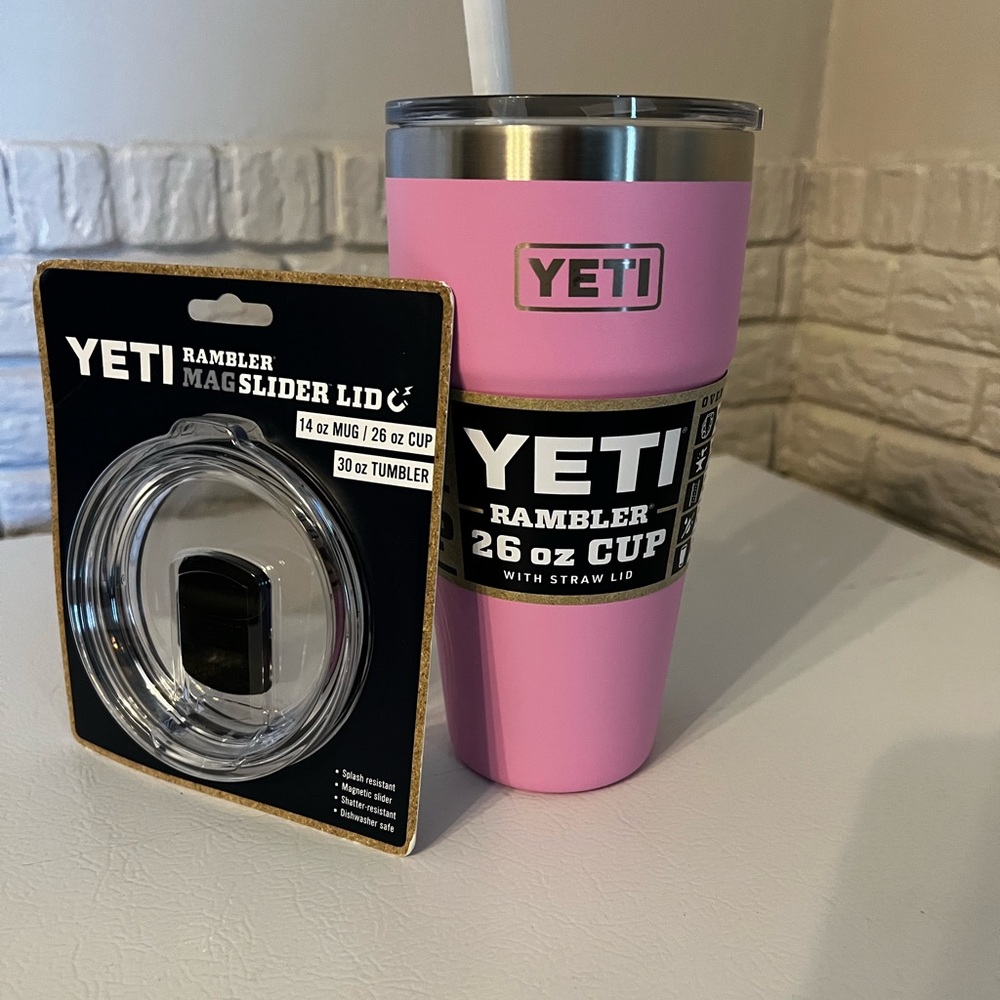 Yeti PINK 26 oz Rambler cup with straw lid and Bonus slide lid! New